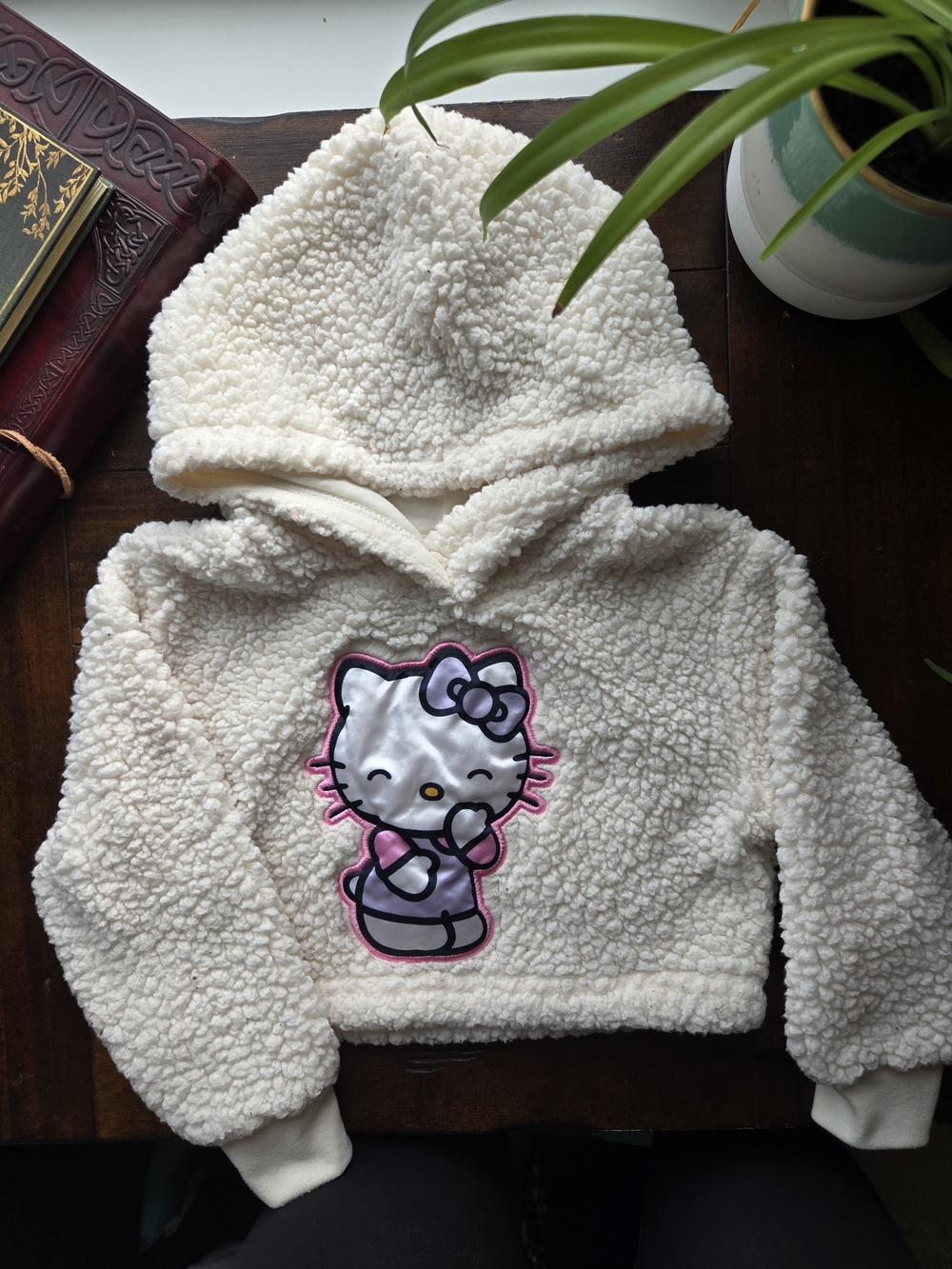 Hello Kitty Cropped Cream Sherpa Hoodie (Size 4)